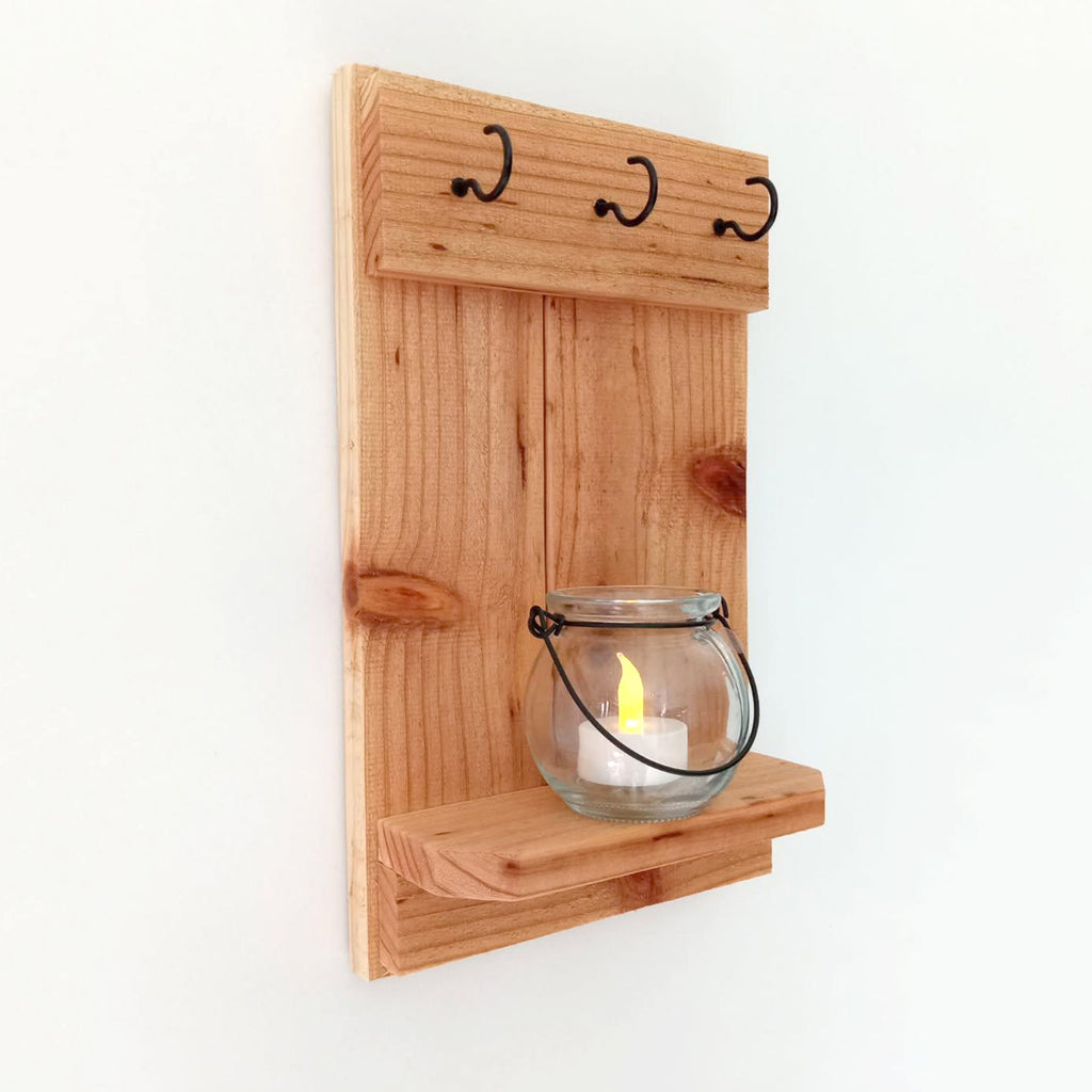 Handcrafted Cedar Candle Sconces with Shelf – Rustic Farmhouse Wall Decor (Set of 2)