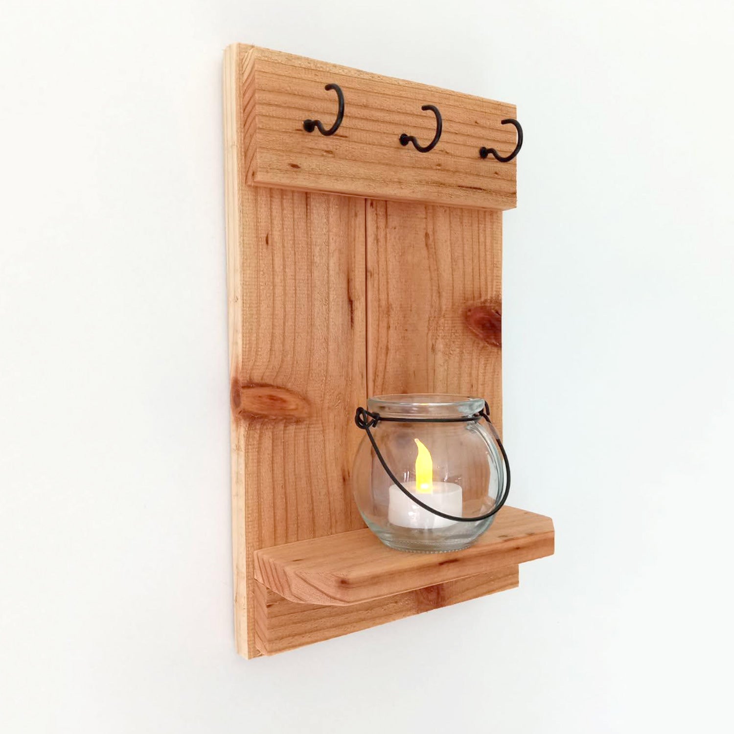 Handcrafted Cedar Candle Sconces with Shelf – Rustic Farmhouse Wall Decor (Set of 2)