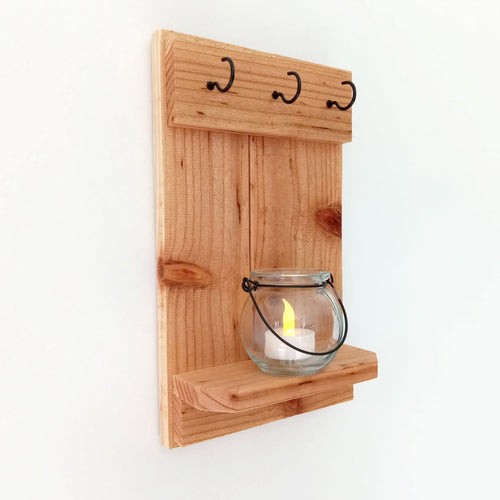 Handcrafted Cedar Candle Sconces with Shelf – Rustic Farmhouse Wall Decor (Set of 2)