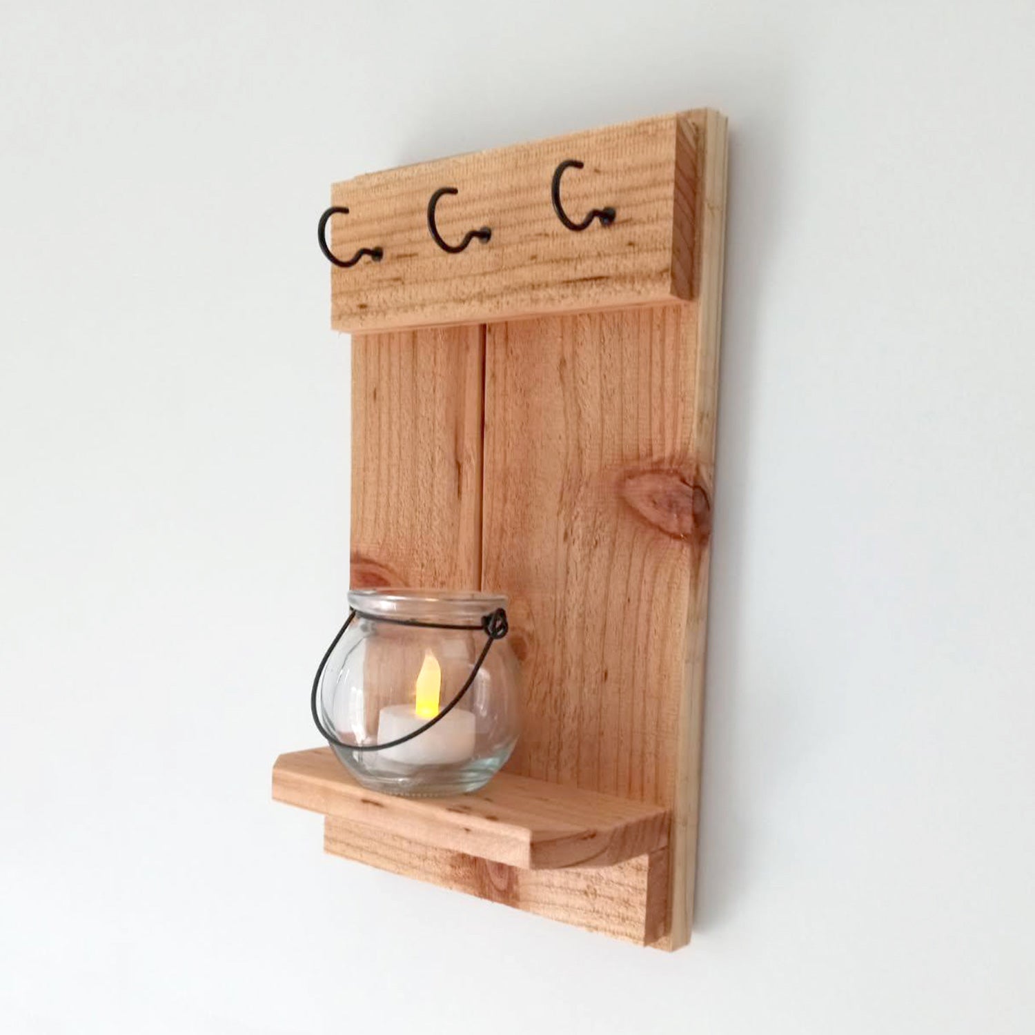 Handcrafted Cedar Candle Sconces with Shelf – Rustic Farmhouse Wall Decor (Set of 2)