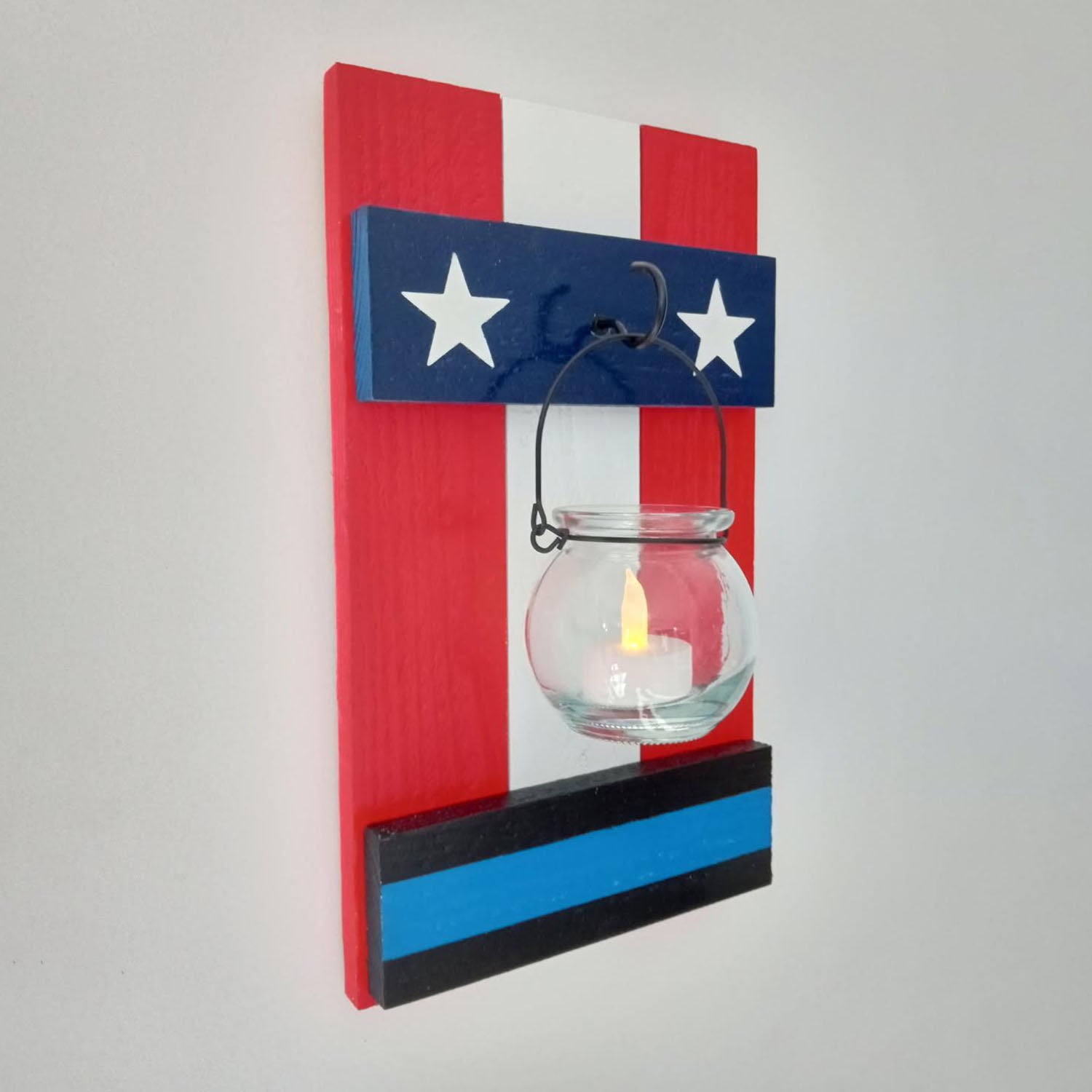 Support the Blue Wall Sconce, Rustic Police Decor for indoor use