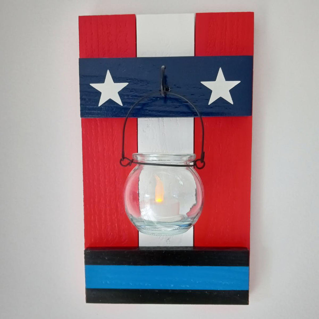 Support the Blue Wall Sconce, Rustic Police Decor for indoor use