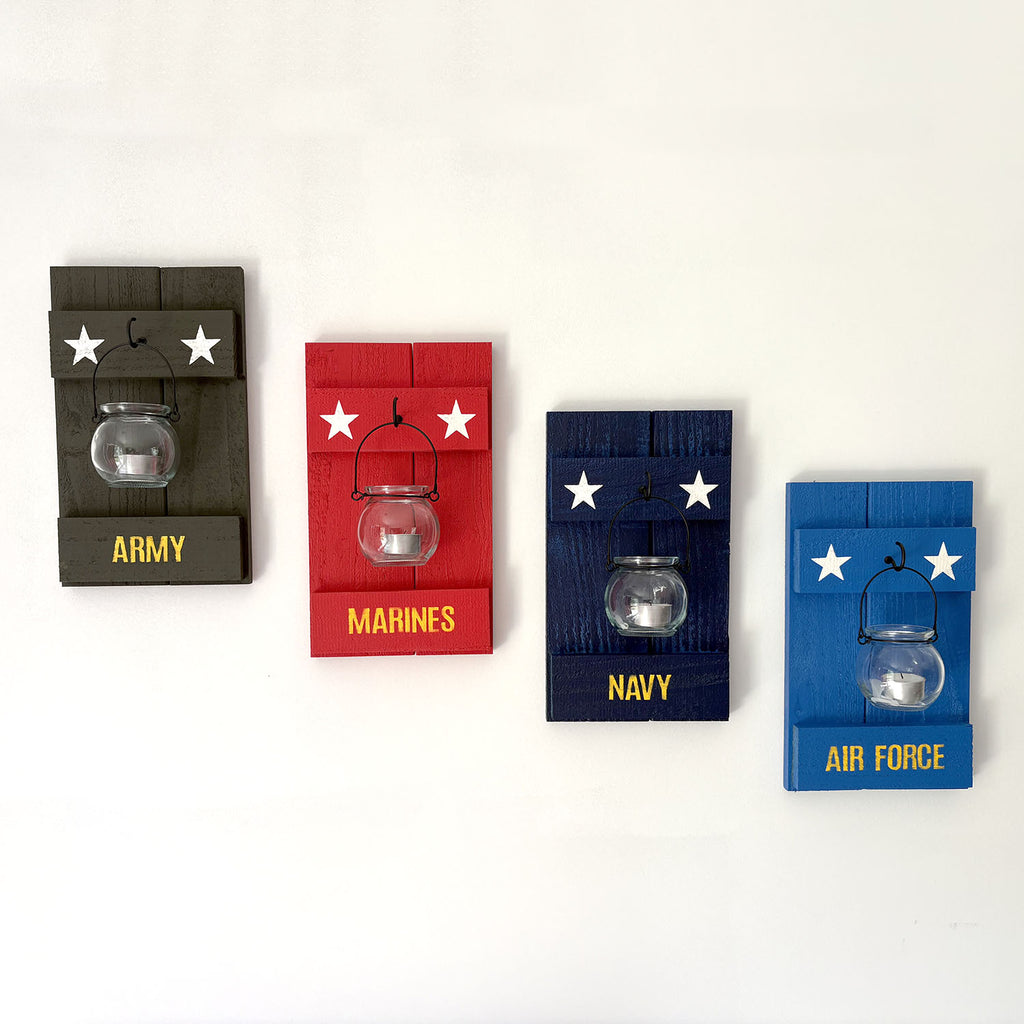Military Rustic Cedar Candle Sconces: Army, Navy, Air Force, Marines, POW-MIA