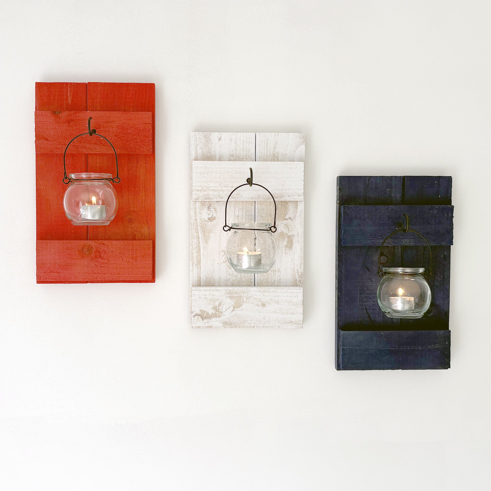 Show Your American Pride: 3 Rustic Cedar Wood Candle Sconces: Red, White & Blue